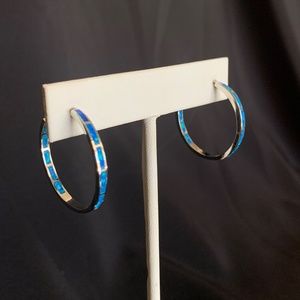 Blue Fire Opal Inlay 925 Sterling Silver 1" Hoops